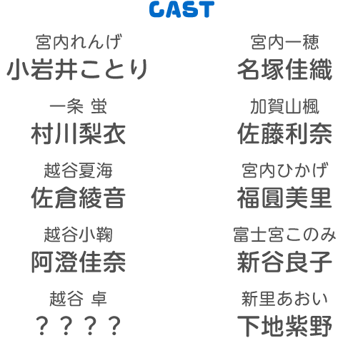 CAST 宮内れんげ 小岩井ことり 一条 蛍 村川梨衣 越谷夏海 佐倉綾音 越谷小鞠 阿澄佳奈 越谷 卓 ？？？？ 宮内一穂 名塚佳織 加賀山楓 佐藤利奈 宮内ひかげ 福圓美里 富士宮このみ 新谷良子 新里あおい 下地紫野